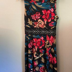 Sleeveless Dress, crochet band detail on front.  Black, red, pink.  Size M